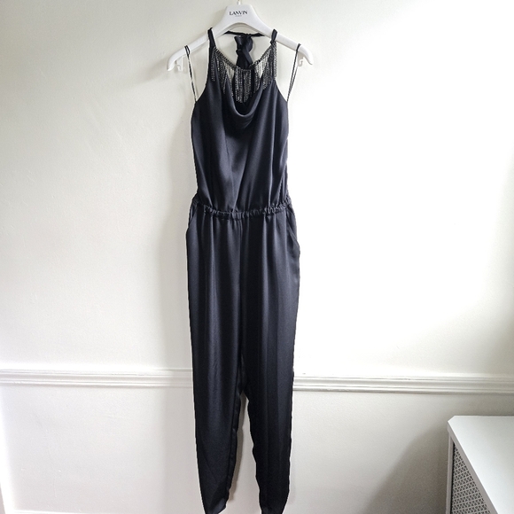 New Ramy Brook Victoria Halter Back Tie Jewel Adorned Fringe Black Jumpsuit XS - Picture 6 of 8